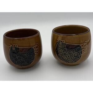 MCM Japanese Pottery Embossed Owl Sake/ Tea Cups Set of 2 Brown approx 2.5inches